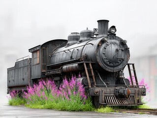 Naklejka premium Vintage steam locomotive, surrounded by pink wildflowers, in a misty setting