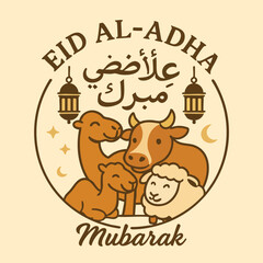 Beautiful Eid al-Adha Mubarak greeting design featuring a cow, a ram, a mosque dome, crescent moon, star, and a hanging lantern. Perfect for Islamic festival celebrations, Qurbani events, and Eid gree