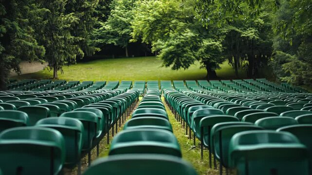 Serene green park venue with empty seats awaiting guests