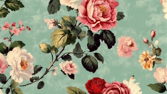 Floral arrangement with roses and greenery set against a light blue backdrop, creating a vintage-inspired aesthetic.