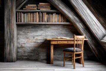 Attic study with wooden furniture and bookshelves