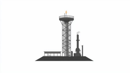 A gas flare tower clipart, refinery element, flat illustration style, grayscale, isolated on white background. 