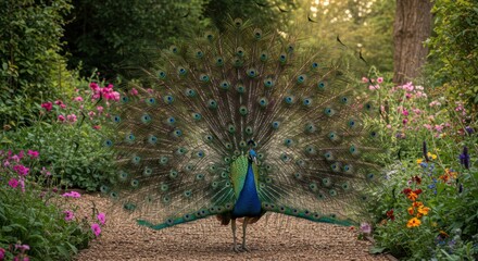 Obraz premium Peacock displaying plumage in garden