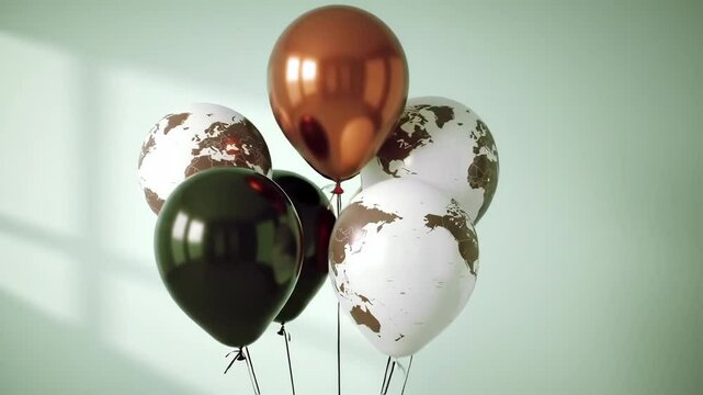 Minimalist World Map Balloons Floating, Gentle Sway, Soft Lighting, Contemporary Calm