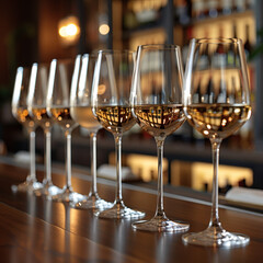 Elegant row of wine glasses filled with white wine, ready for a special celebration in a bar.