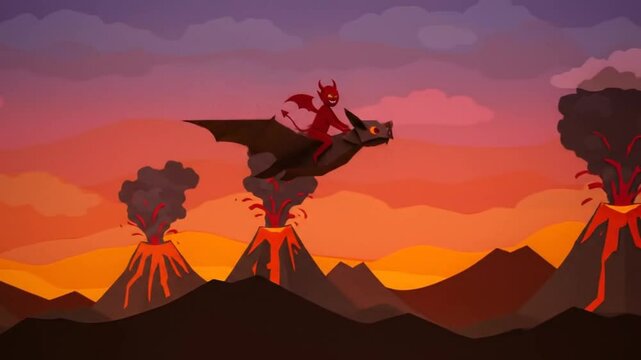 Fiery Flight: Devil Riding Pterodactyl Over Volcanic Landscape