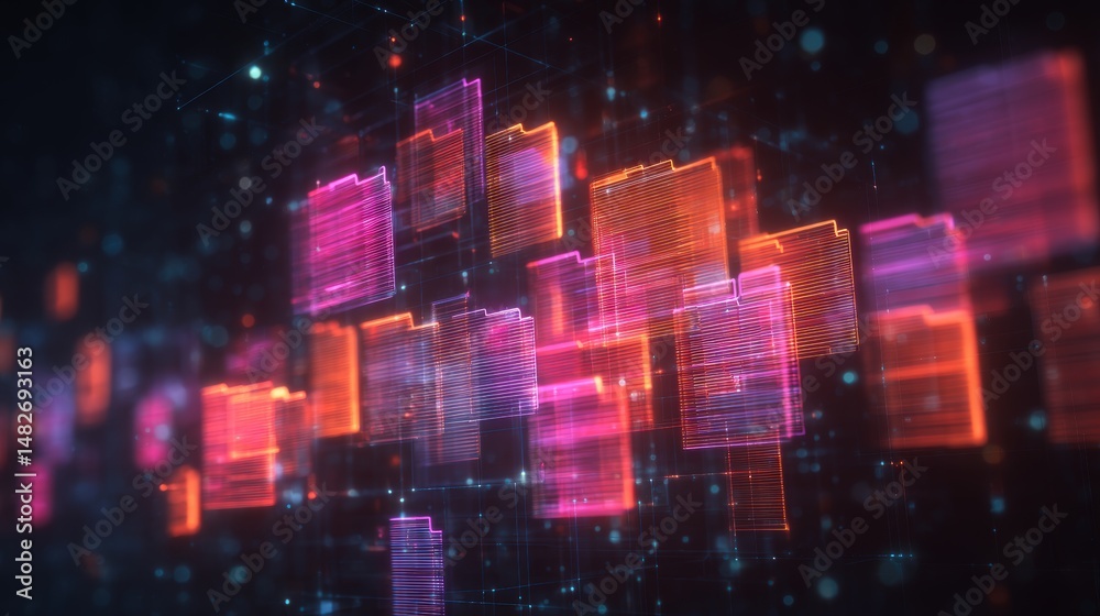 Poster abstract network grid with files and folders, futuristic software interface, digital document manage