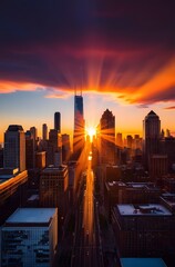 Warm Sunset Light Illuminating City Skyscrapers