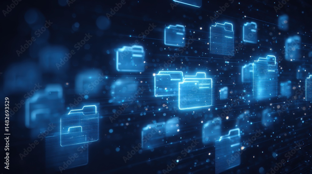 Poster abstract network grid with files and folders, futuristic software interface, digital document manage