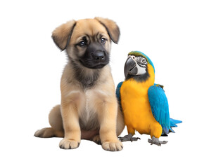 Obraz premium A puppy gazing at a parrot, sitting together on a transparent background.