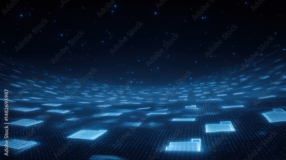 Poster abstract network grid with files and folders, futuristic software interface, digital document manage