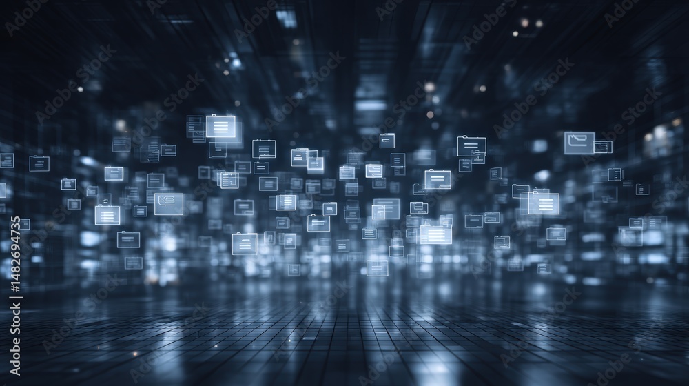 Poster abstract network grid with files and folders, futuristic software interface, digital document manage