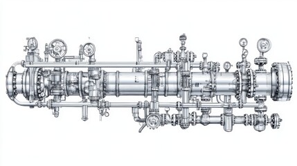 Obraz premium A pipeline system clipart, oil transport element, technical drawing style, silver tones, isolated on white background. 