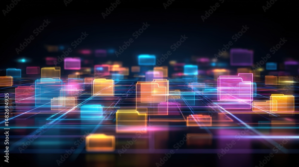 Poster abstract network grid with files and folders, futuristic software interface, digital document manage