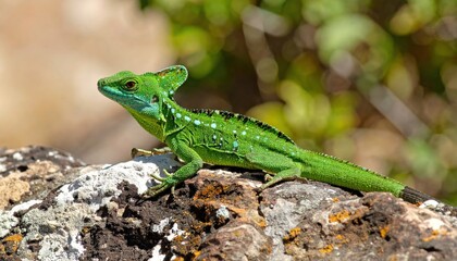 Emerald Basilisk Gaze: A Vibrant Green Lizard Perched on a Textured Rock
