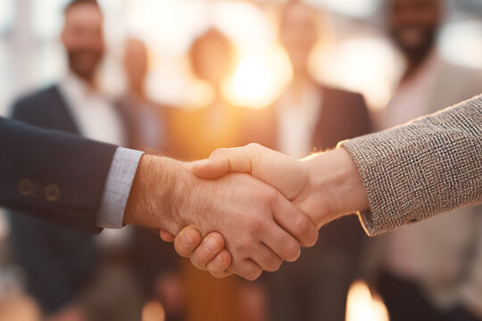 Close-up of a firm handshake, symbolizing agreement, partnership, and collaboration.  Blurred background shows colleagues, suggesting teamwork and business success.