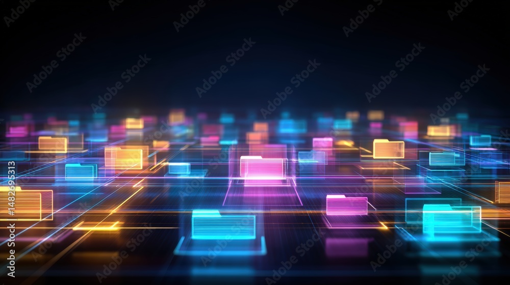 Poster abstract network grid with files and folders, futuristic software interface, digital document manage