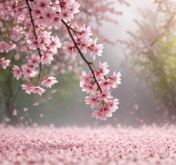Naklejka premium Delicate pink sakura petals drift on soft-focus spring background , falling, seasonal, calm