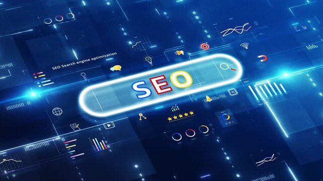 SEO Search Engine Optimization Concept. Colorful Insights Statistics Charts and Futuristic Analytics Elements Icons on Dark Blue Digital Technology Background.