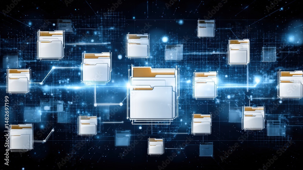 Poster abstract network grid with files and folders, futuristic software interface, digital document manage