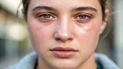 Sinus and Inflammation concept ,young person with swollen face and puffiness around eyes, displaying serious expression