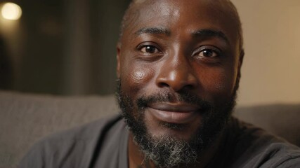 Close up portrait of a handsome mature Black man with a graying beard smiling gently indoors with warm lighting and a calm expression - Powered by Adobe