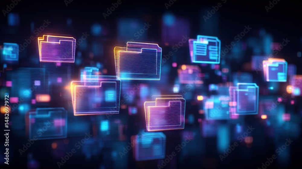 Poster abstract network grid with files and folders, futuristic software interface, digital document manage