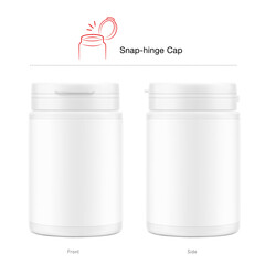 White plastic bottle container with snap-hinge cap. Vector illustration isolated on white background. Front view. Mockup perfect show your product with tamper evident push-on hinged cap. EPS10.
