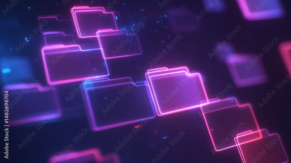 Poster abstract network grid with files and folders, futuristic software interface, digital document manage