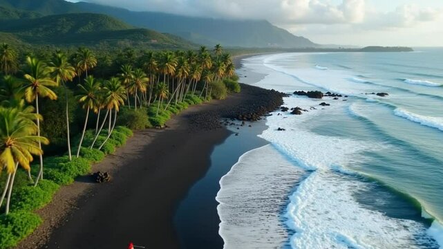 FPV flight over black sand beach with ocean waves and palm trees, Bali Indonesia