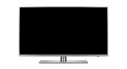 Modern Silver Flat Screen Television on White Stand Isolated on Black Background
