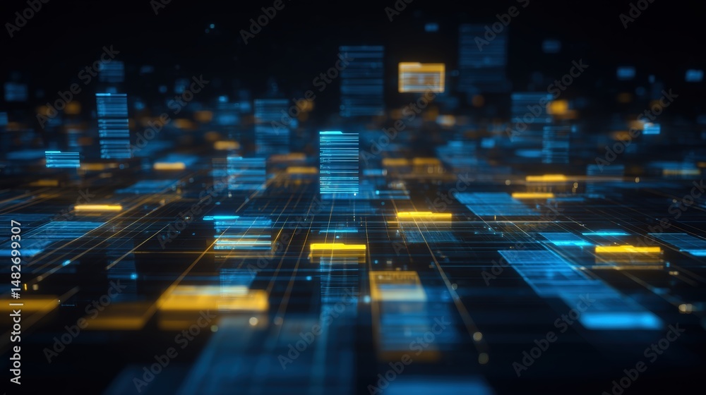 Poster abstract network grid with files and folders, futuristic software interface, digital document manage