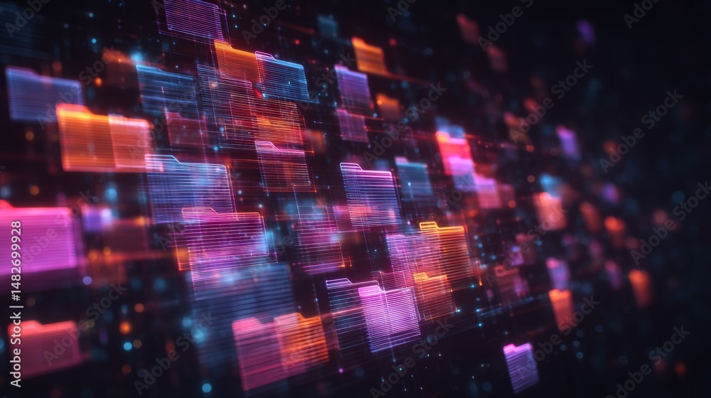 Poster abstract network grid with files and folders, futuristic software interface, digital document manage