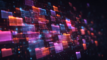 Abstract network grid with files and folders, futuristic software interface, digital document management system, store, search and organize documents, corporate business, paperless office. banner,