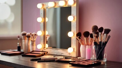 A well-organized makeup station featuring brushes, palettes, and a lit mirror in a cozy setting