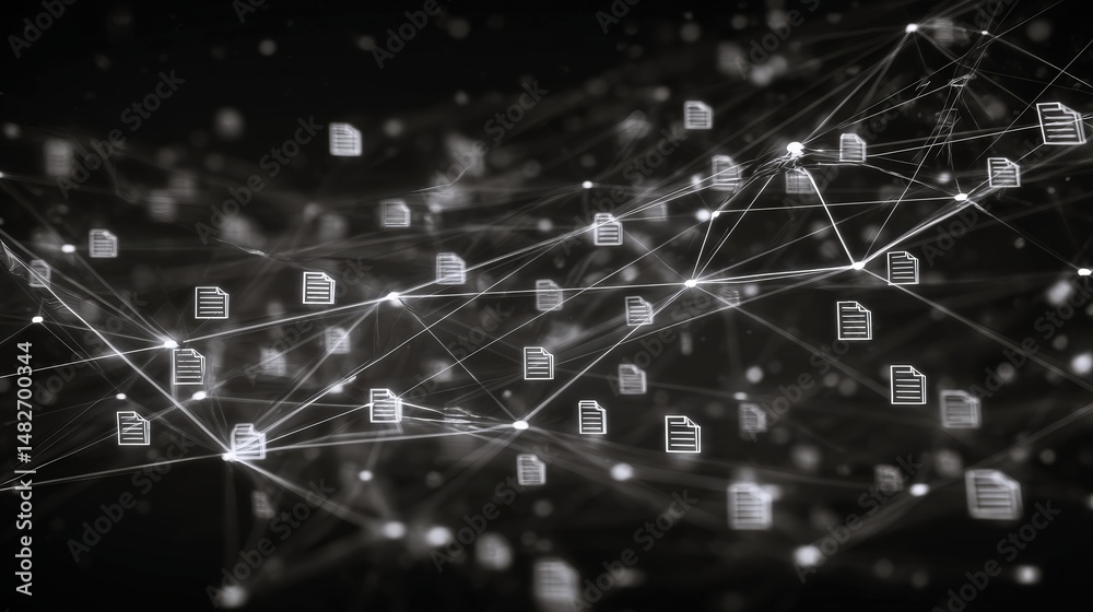 Poster abstract network grid with files and folders, futuristic software interface, digital document manage