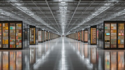 Futuristic Data Center Interior with Organized Racks and LED Lighting Featuring High-Tech CPU Components and Reflective Surfaces