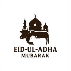 Beautiful Eid al-Adha Mubarak greeting design featuring a cow, a ram, a mosque dome, crescent moon, star, and a hanging lantern. Perfect for Islamic festival celebrations, Qurbani events, and Eid gree