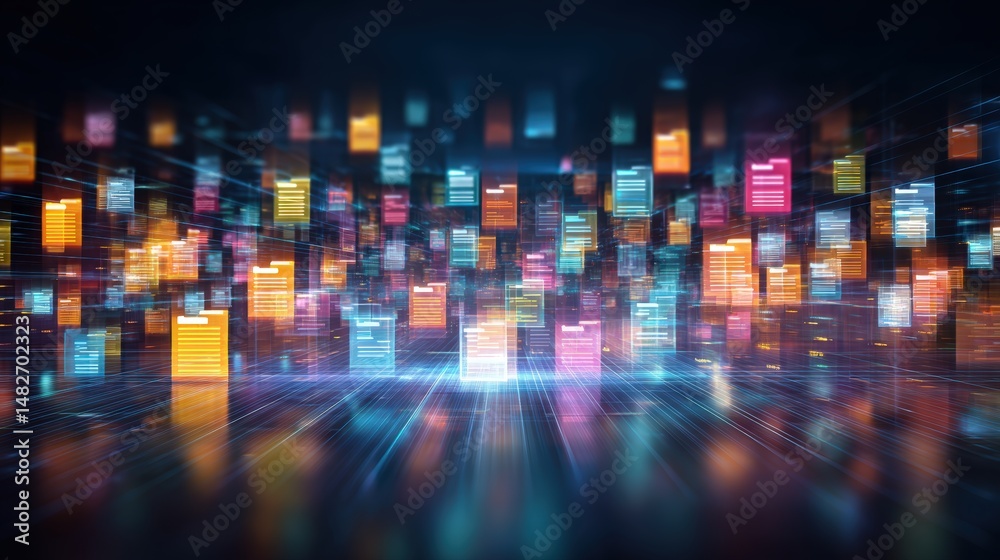 Poster abstract network grid with files and folders, futuristic software interface, digital document manage
