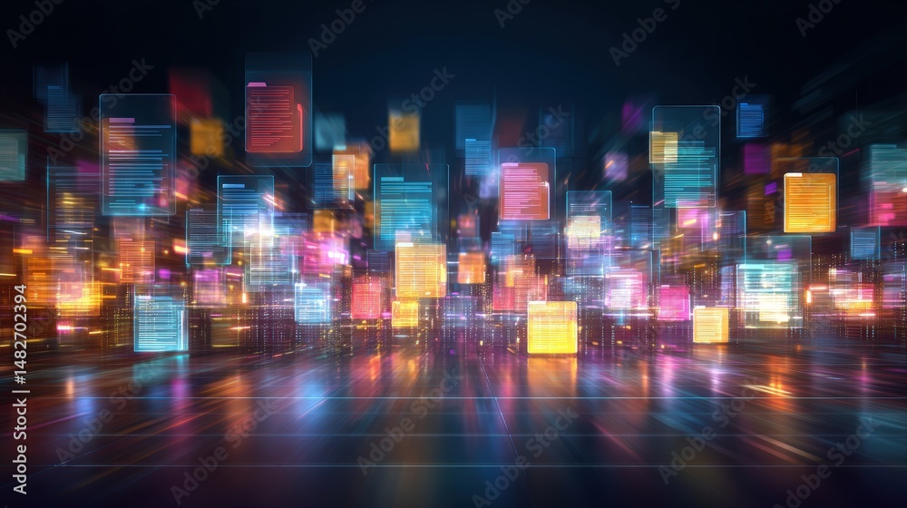 Poster abstract network grid with files and folders, futuristic software interface, digital document manage