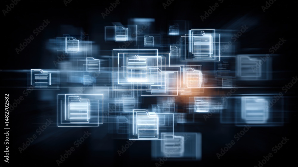 Poster abstract network grid with files and folders, futuristic software interface, digital document manage