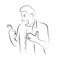 man using mobile phone with anger illustration vector hand drawn with black lines isolated on white background