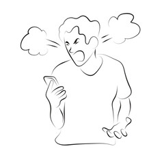man getting mad on smartphone illustration vector hand drawn with black lines isolated on white background.