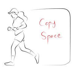 running woman with sport cap side view illustration vector hand drawn with black lines isolated on white background.