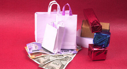Gift box and bag made from craft paper the concept of handmade gift. Isolated background.
