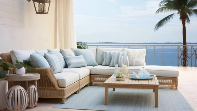 A serene outdoor living space featuring a cozy sofa and beautiful ocean views, perfect for relaxation and leisure.