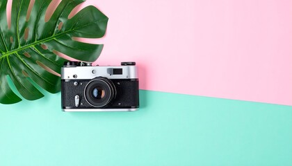 Vintage Camera and Tropical Leaf on Pastel Background: A Summer Photography Concept