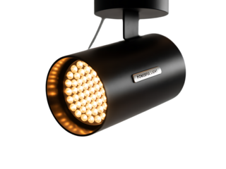 Black LED spotlight with orange light on an adjustable stand