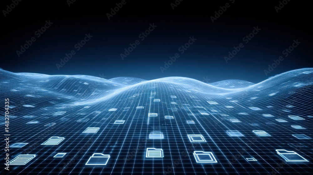 Poster abstract network grid with files and folders, futuristic software interface, digital document manage
