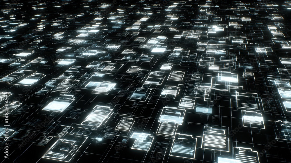 Poster abstract network grid with files and folders, futuristic software interface, digital document manage